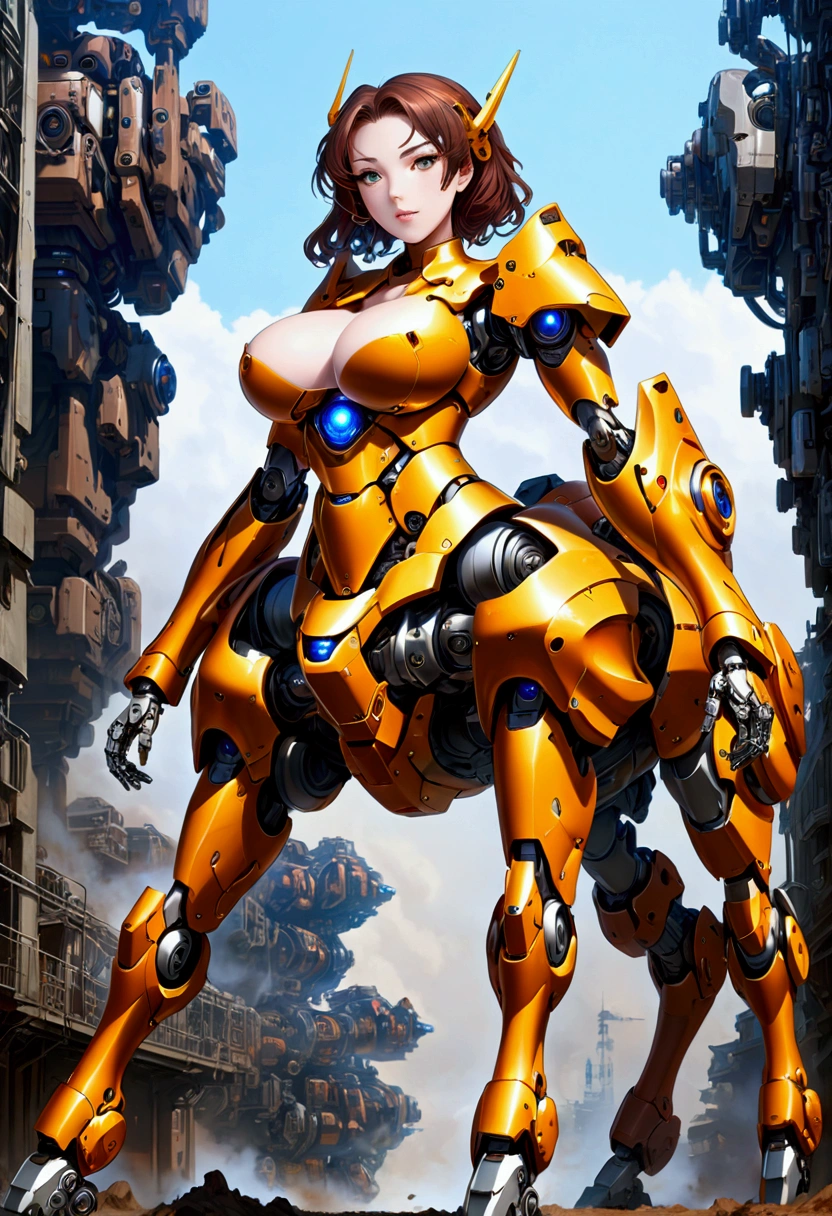 masterpiece, best quality, a portray of a woman ,fictional character, female centaur, lower body, extremely detailed, sci-fi,(mecha musume:1.2), gigantic breasts