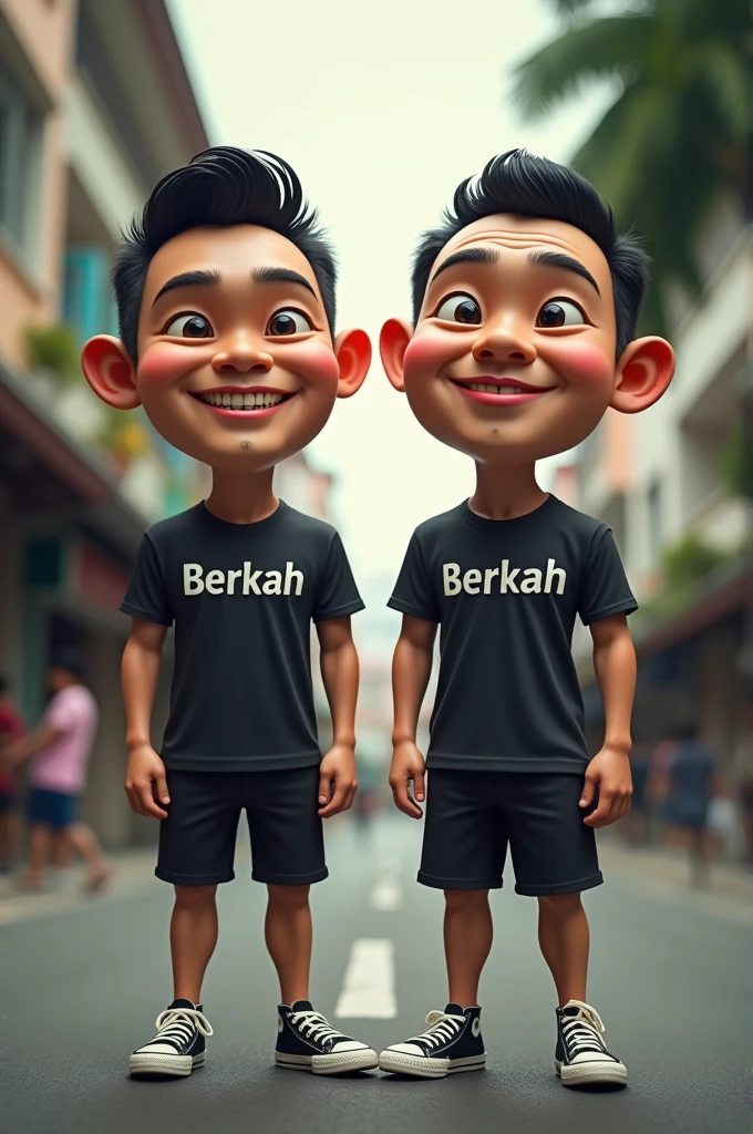 3d caricature image, big head, 2 Indonesian looking man, wearing black BERKAH t-shirt, black shorts, full body, , fisheye lens, Professional Photography, Award Winning Shooting, Hyper-Realistic, Canon 1DX Mark III, 35mm, f/ 8