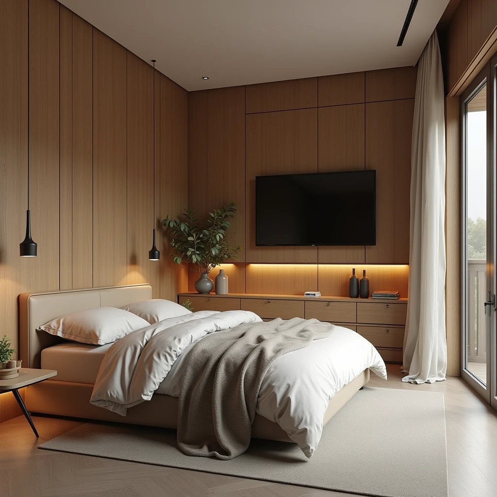Make a stylish bedroom and wood colors,tv, where you have a the bed,  floor grey ,ultra-realista , 8k