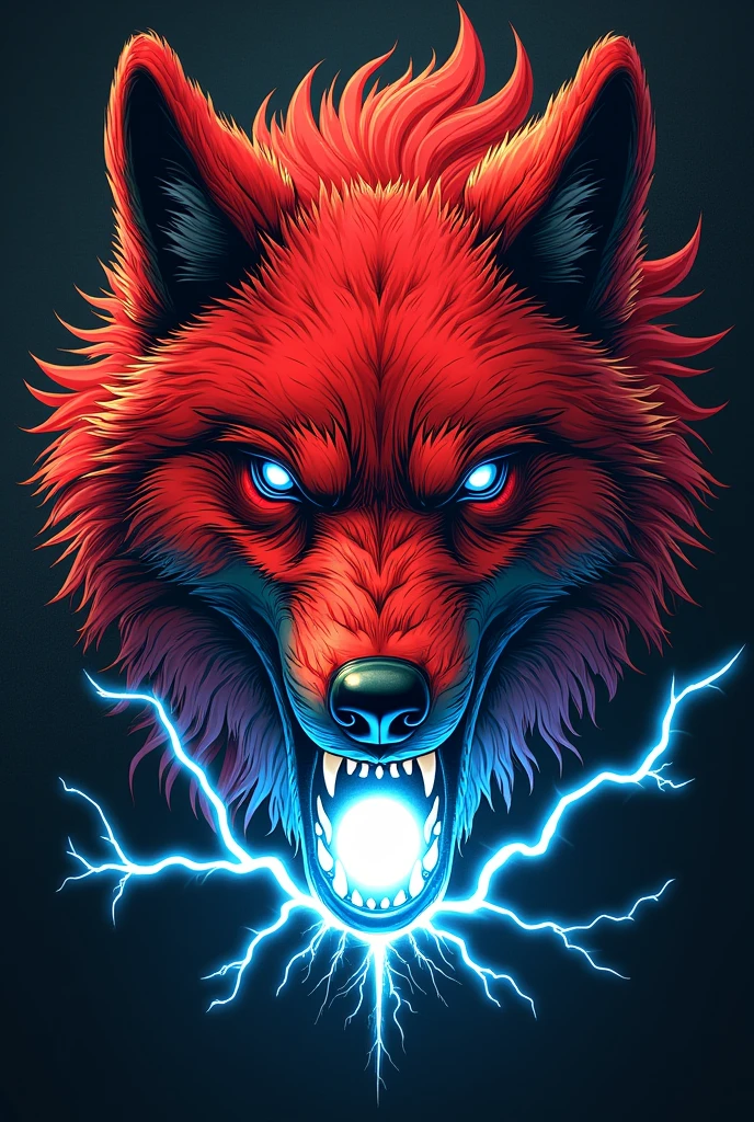 Illustration based on works by neotraditional and new school tattoo artists, It should be the face of a red wolf with its mouth open as if it were screaming and emitting a sphere of blue light from its mouth with some thunder coming out of the sphere of light  