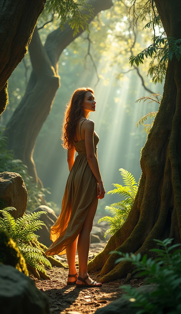 **The Scene:** In the heart of an ancient, towering forest, a young woman with cascading auburn hair and striking green eyes stands as a captivating figure amidst the natural wonder. Her athletic, toned physique is on full display, dressed in a flowing, earth-toned dress that moves gracefully with her every step, contrasting beautifully with the vibrant greenery around her. She wears simple leather sandals that allow her to feel the cool, damp earth beneath her feet, connecting her even more deeply with the forest.
The setting is a secluded, enchanting glade deep within the forest. Giant, moss-covered stones are scattered around, with thick, twisted roots snaking across the ground, giving the place an ancient, almost mystical feel. The air is filled with the scent of pine and damp earth, and the sound of a distant waterfall echoes softly through the trees.
The woman stands confidently in this verdant haven, her stance relaxed yet alert. One hand rests lightly on the rough bark of a centuries-old oak tree, the other casually at her side, fingertips brushing the delicate ferns that grow in abundance. Her gaze is drawn upward to the canopy, where shafts of golden sunlight break through, casting a soft, warm glow that dances across the forest floor and highlights her sun-kissed skin.
Her expression is one of serene wonder, a mixture of awe and contentment as she takes in the breathtaking beauty of the ancient forest. The interplay of light and shadow creates a magical atmosphere, making the woman’s features and the natural surroundings appear almost otherworldly. The earthy tones of her dress echo the lush foliage around her, seamlessly blending her stylish appearance with the raw, untamed beauty of the forest.
The scene captures a moment of peaceful exploration, where the woman becomes part of the landscape, embodying the spirit of adventure and the timeless connection between humanity and nature.
**Keywords:** summer, ancient forest, dappled sunlight, flowing dre