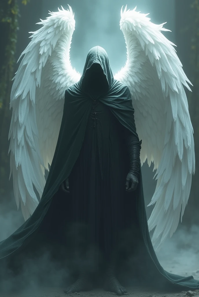 A high fantasy horror portrait of a shadowy, hooded celestial being, huge white spectral wings coming out of his back. white marmore