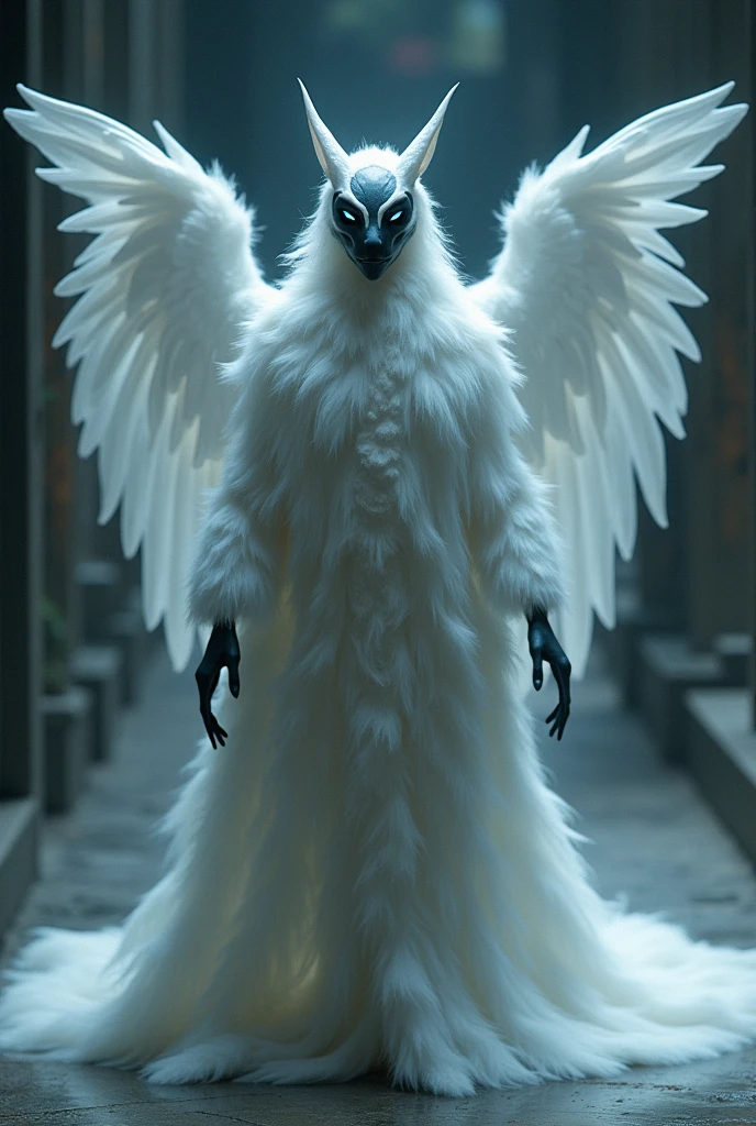 Beautifull futuristic ghost like creature, pitch black undetailed face,blue slit eyes, no mouth, white furr and wings, full body picture