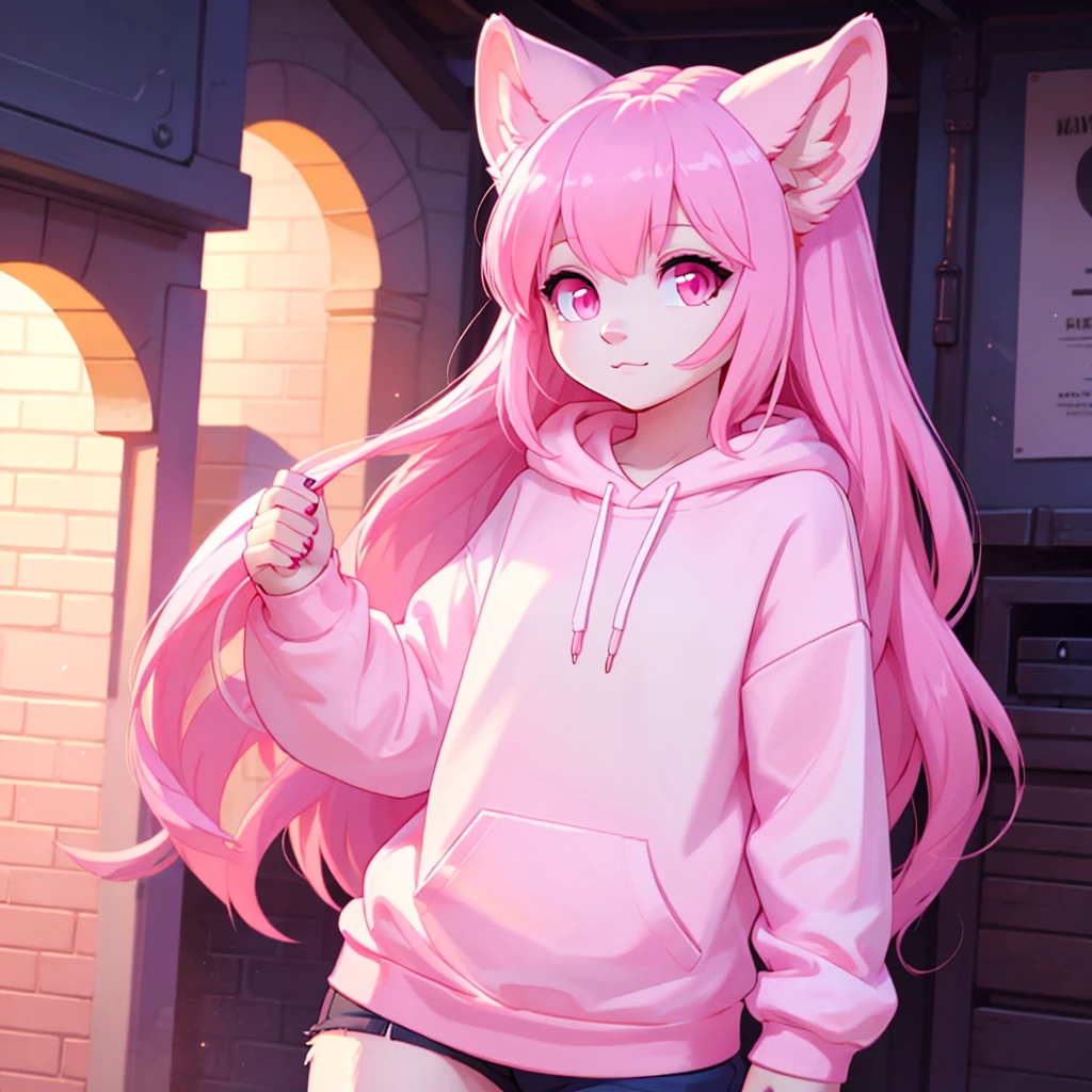 Cute beautiful girl with long straight hair with pink bangs and pink eyes, wearing pink oversized sweatshirt High resolution, best qualityer,