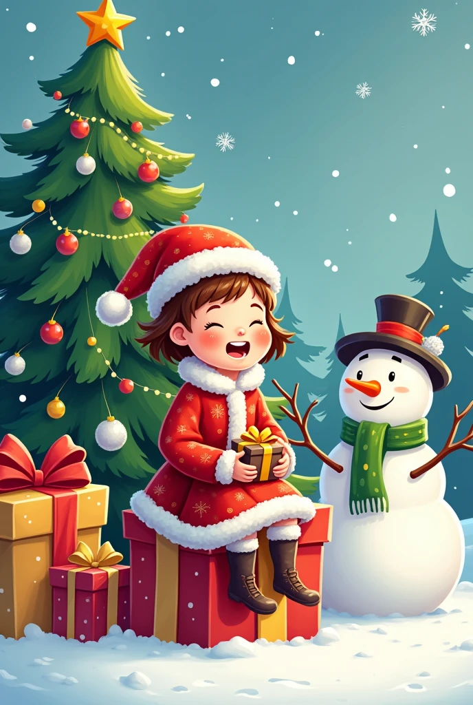 A very happy wearing a Christmas costume sitting on a gift and holding a gift in her hand given to her by Santa Claus. Behind her is a Christmas tree and next to her is a big snowman. All the elements are fully visible and drawn with calligraphy and cartoons. A cartoon drawing.
