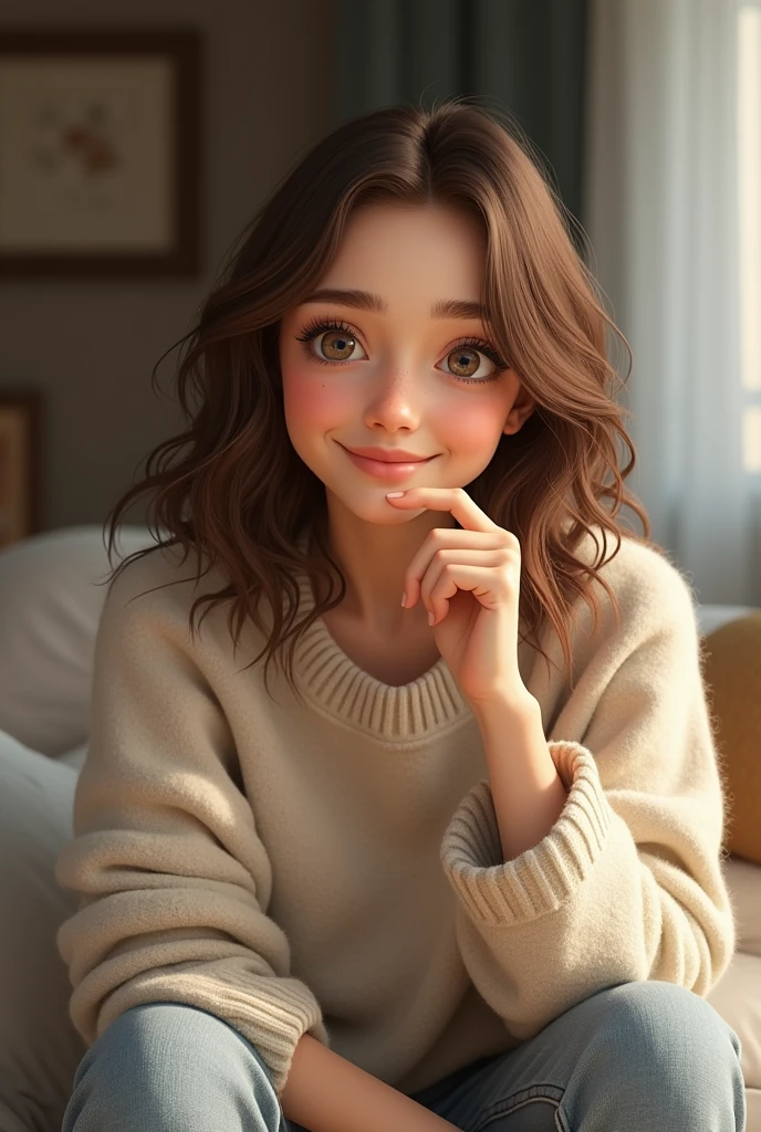 Face and Expression: Draw a young woman with gentle, soft facial features. She should have a warm, friendly smile and expressive eyes that convey thoughtfulness. Her eyes might be slightly larger to emphasize her kindness and introspective nature.
Hair: Illustrate medium-length hair that’s slightly wavy, falling loosely around her shoulders. The color should be a natural brown or chestnut, and the hair should look relaxed and unstyled.
Clothing: Outfit her in a cozy, neutral-toned sweater, like beige or light gray, paired with casual jeans or trousers. The clothing should look comfortable and practical.