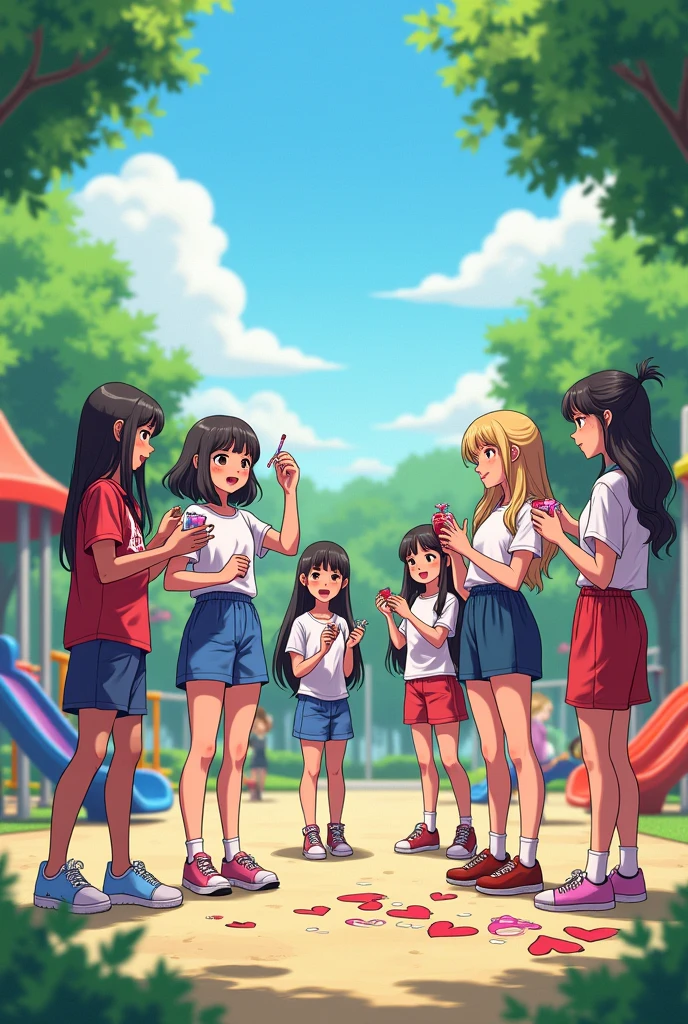 Image of 3 girls and 3 teenage girls at recess in a playground,, talking preparing things for valentine&#39;s day
