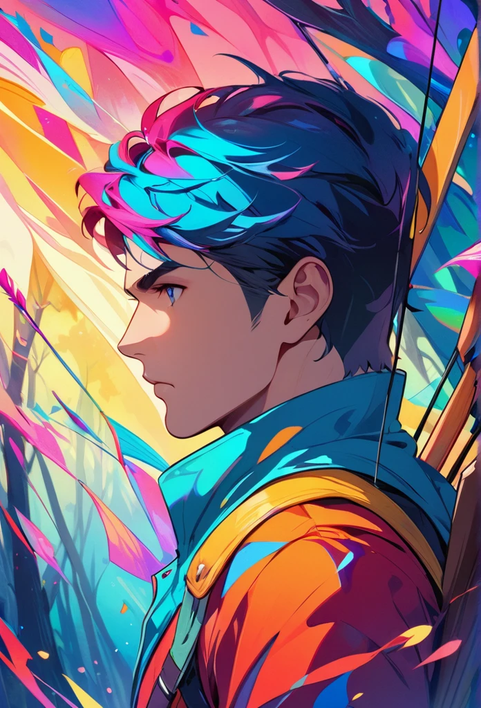 Man wearing Archer costume.Closeup bow and arrow art.Archer, Deep Forest Shooter.(masterpiece, best quality:1.2),art illustration，Abstract surreal colors,colorful. warrior