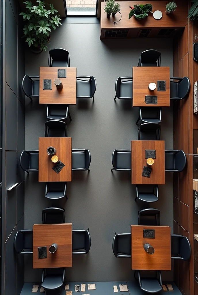 Floor plan of a marketing department, The chairs must be black and the wooden tables must be varnished dark., each table is individual for a number of 15 people 