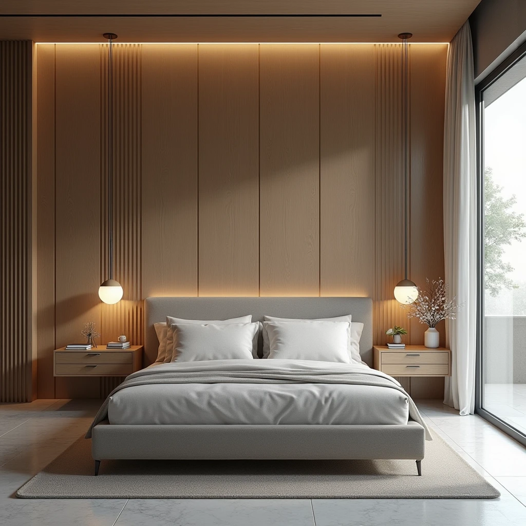 Make a stylish bedroom and wood colors,where you have a the bed, floor grey ,ultra-realista , 8k
