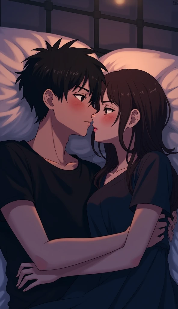 "In a dimly lit room, a 20-year-old anime couple is lying on a bed together. The girl wears a modern black saree, while the boy is dressed in a black t-shirt. Both have playful, flirtatious expressions, with their eyes showing a mix of affection and teasing. The soft, ambient lighting and gentle shadows create a cozy, intimate atmosphere, focusing on their close connection and the romantic mood of the scene."
