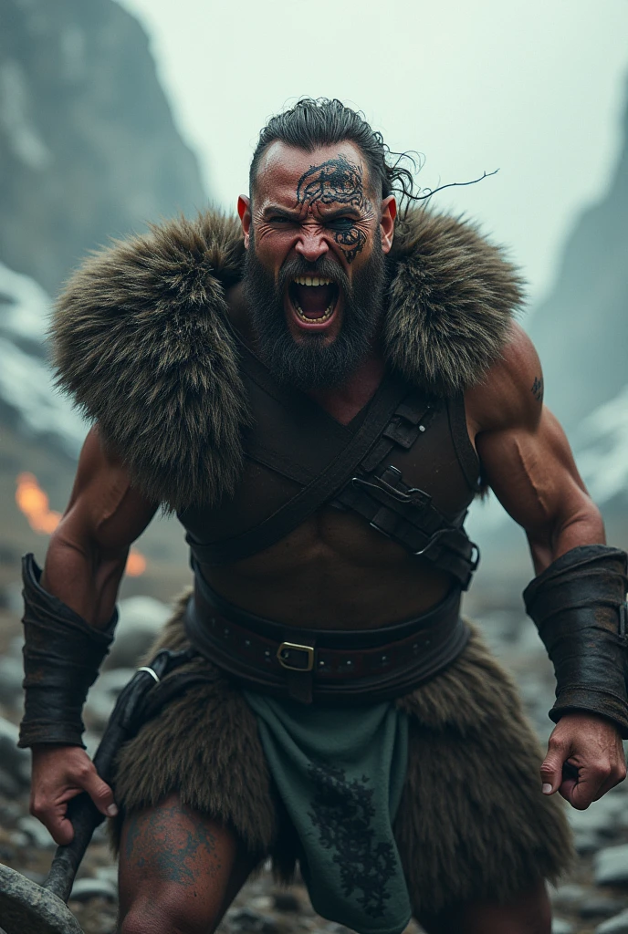 Realistic Viking warrior screaming with teeth bared with a Norse tattoo around his eye and with his eyes open