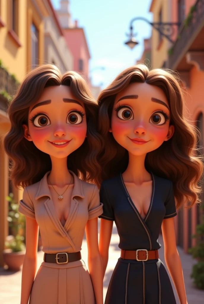 Pixar-type poster of a 2 woman with wavy brown hair, fair skin, medium-sized eyes, big mouth, small nose, dressed elegantly 