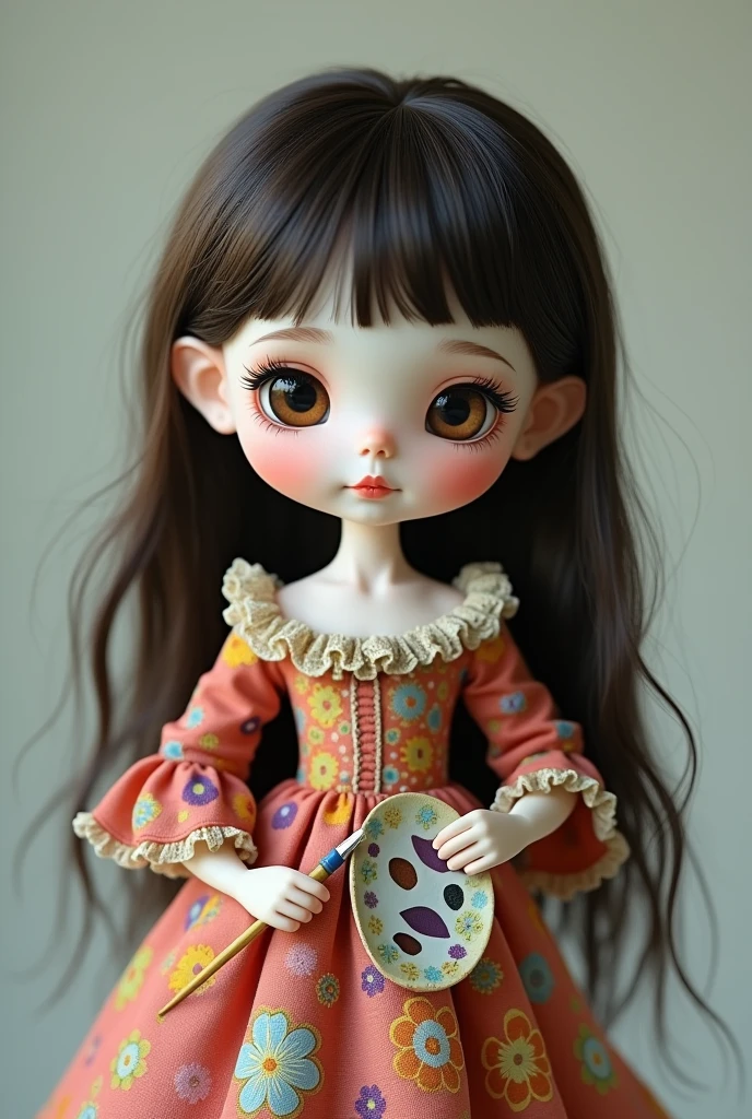 White doll with large straight dark brown hair and short bangs, com olhos castanhos, with colorful dress, and holding a brush and color palette in his hand