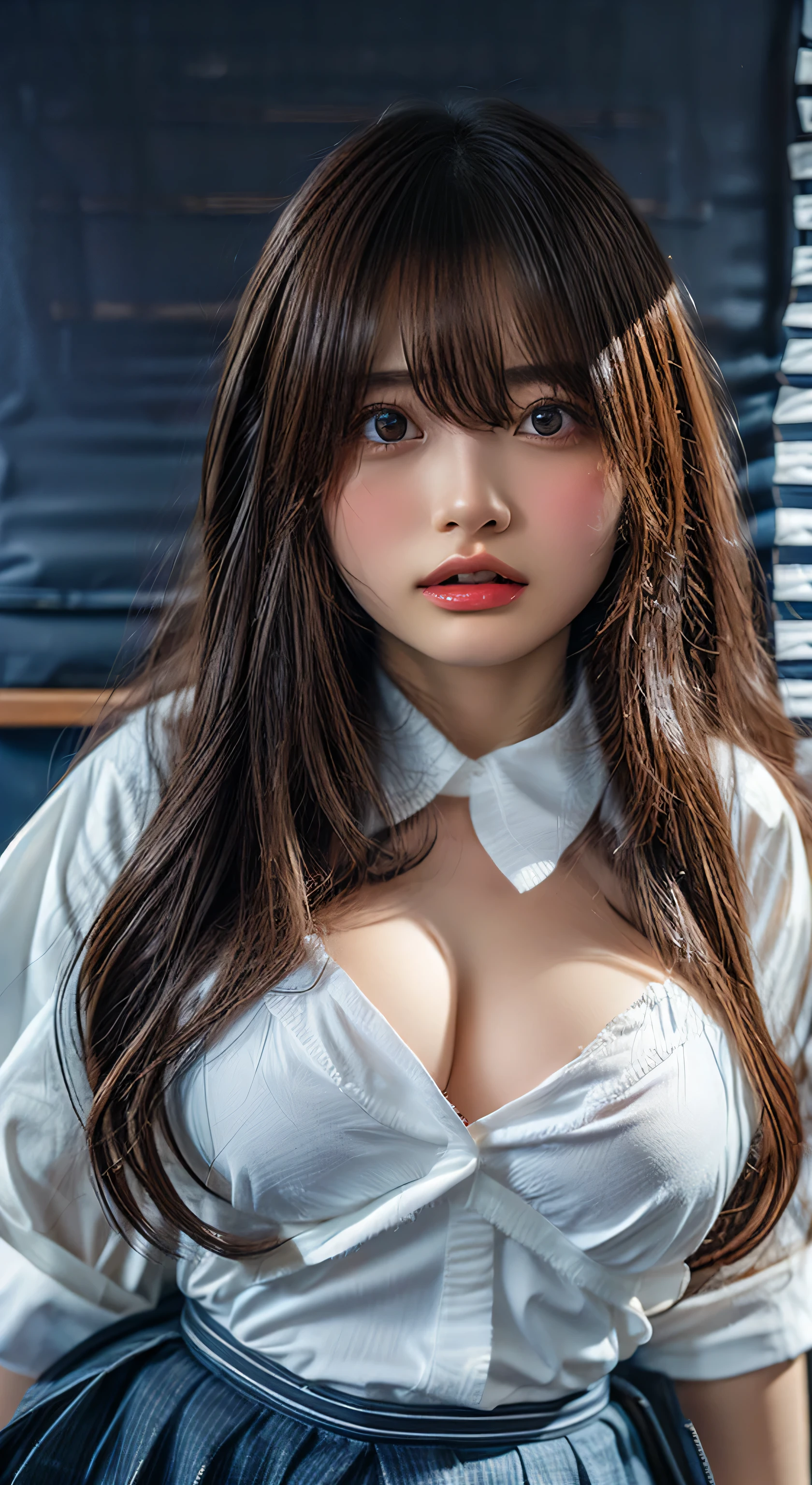 (Highest quality、Tabletop、、Best image quality、Award-winning works)、Extremely cute and lewd high school girl、White polyester collared shirt ripped because her breasts were too big、Short sleeve:1.4)、(Navy Pleated Skirt:1.1)、Girl portrait photography、Glowing Skin、Brown Hair、Are standing、View your viewers、Sculpture Pose、(Classroom Background:1.45)、(Large Breasts:1.8)、Accentuate your body lines:1.1)、Very large red ribbon tie、Very long hair:1.75、((A face begging a man to rape her:1.75))