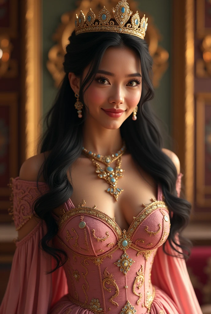 a majestic queen woman, beautiful detailed eyes, beautiful detailed lips, extremely detailed face and portrait, delicate facial features, long black hair, tender expression, smiling, wearing a pink dress, large breasts, large hips, (best quality,4k,8k,highres,masterpiece:1.2),ultra-detailed,(realistic,photorealistic,photo-realistic:1.37),highly detailed intricate dress, detailed jewelry, ornate crown, intricate patterns, ornate background, dramatic lighting, cinematic composition, warm color palette, glowing skin, soft focused details