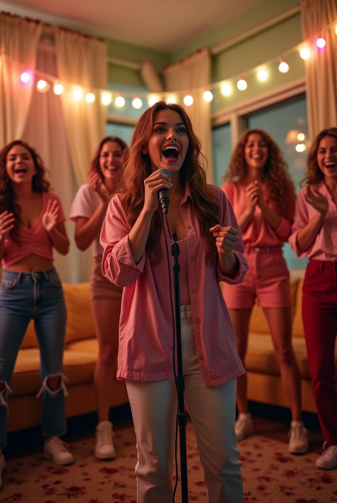grocery store young white women doing karaoke in living room with microphone