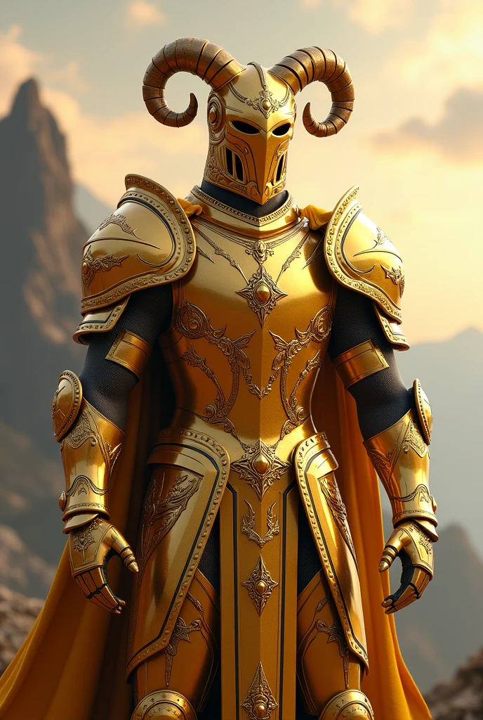 Create a realistic image of the Taurus Gold Armor, inspired by the series 'Knights of the Zodiac'. The armor must be completely golden., with a robust and elegant design that refers to the Taurus symbol, O touro. Include elements such as stylized horns on the helmet and patterns that evoke the strength and stability of the sign.. Add realistic textures to bring out the shine and depth of gold, with a polished and solid finish. Armor should look imposing and protective., with wide, reinforced plates that convey a sense of invulnerability. The background can be a grandiose setting, like a mountainous landscape or a heavenly environment, to complement the character's powerful and resilient aura