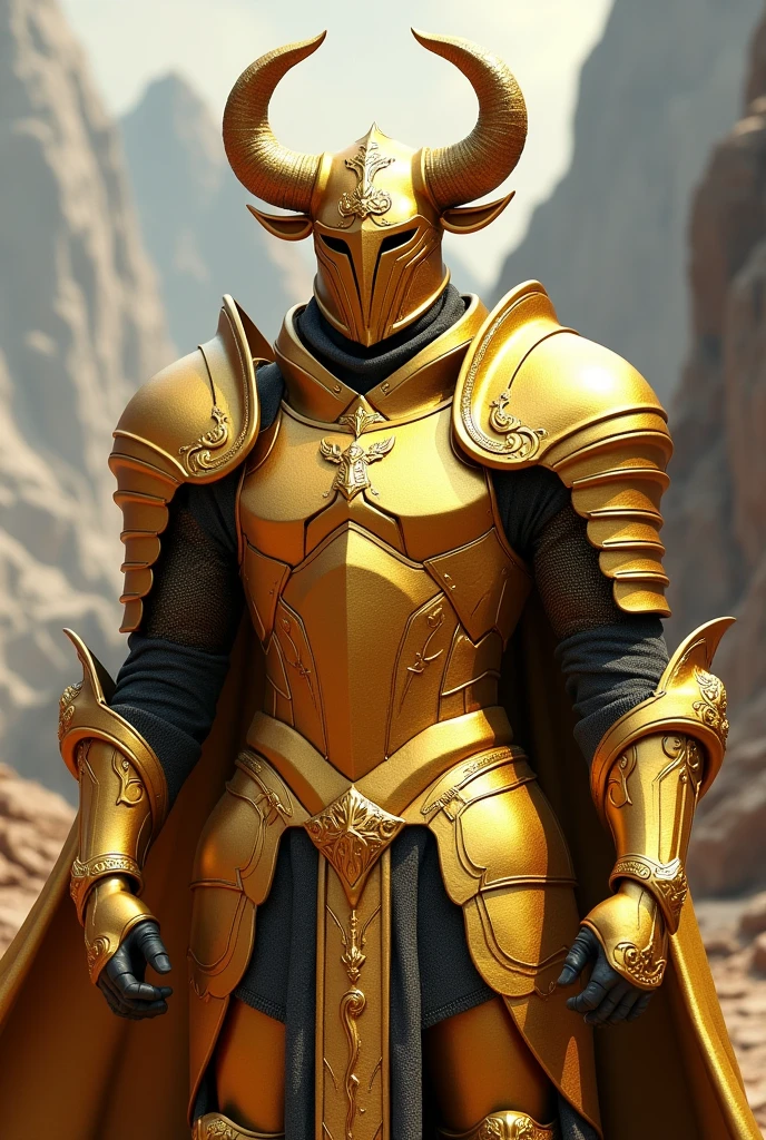 Create a realistic image of the Taurus Gold Armor, inspired by the series 'Knights of the Zodiac'. The armor must be completely golden., with a robust and elegant design that refers to the Taurus symbol, O touro. Include elements such as stylized horns on the helmet and patterns that evoke the strength and stability of the sign.. Add realistic textures to bring out the shine and depth of gold, with a polished and solid finish. Armor should look imposing and protective., with wide, reinforced plates that convey a sense of invulnerability. The background can be a grandiose setting, like a mountainous landscape or a heavenly environment, to complement the character's powerful and resilient aura