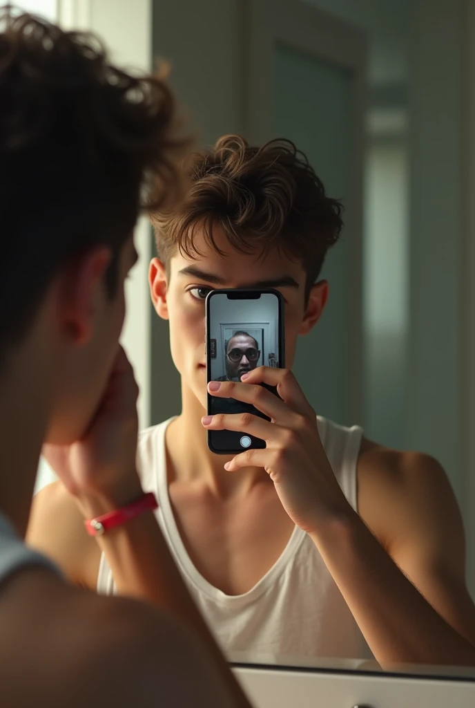 Can you generate me an image of a handsome  boy taking a picture in the mirror and covering his face with the phone SUPER MEGA IPER ULTRA REALISTIC  