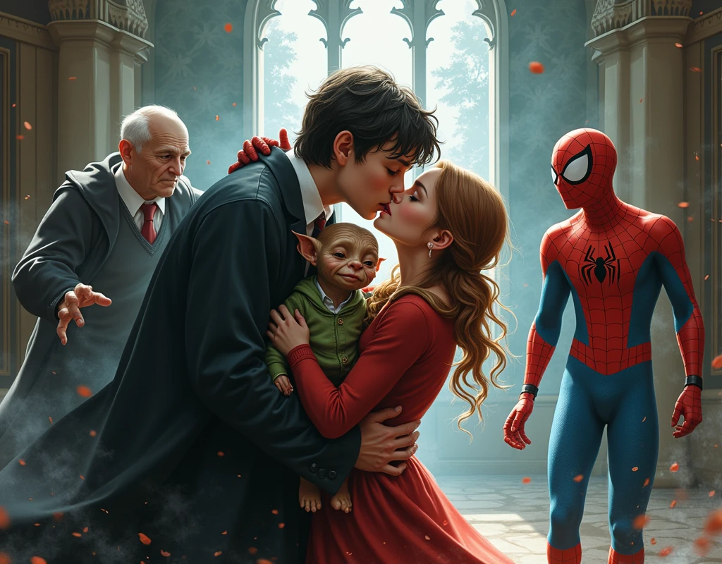 Harry Potter kisses Dobi and Voldemort gets jealous, So Ron starts dancing with Spiderman
