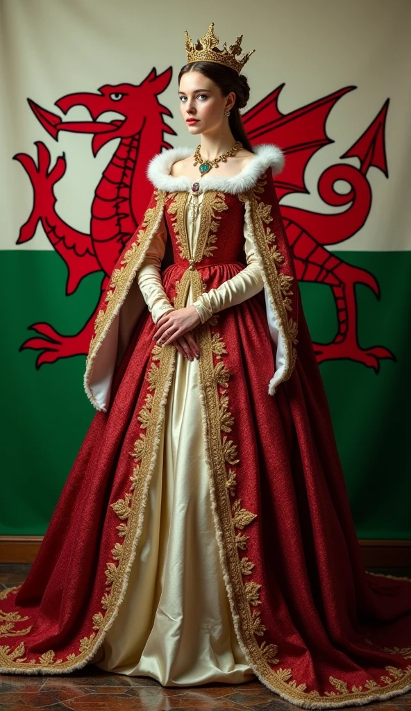 The young and beautiful Queen Elizabeth I, whole body, Wales flag background