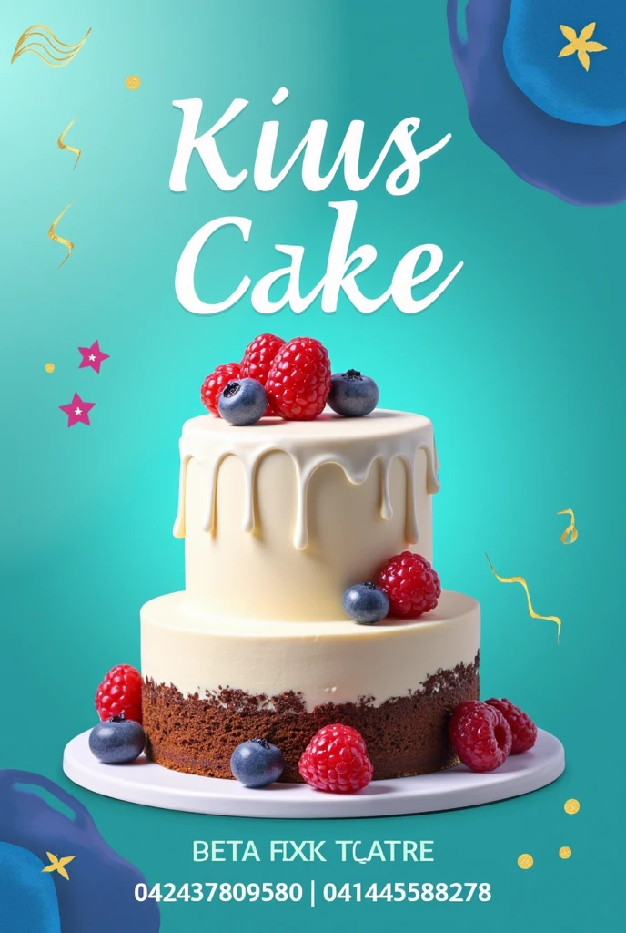 Cake banner template. The business is called 'Kius cake' and it is about desserts and cakes along with brownies.. The main colors are turquoise blue and royal blue. . I also want you to say Kius cake as the name of the business and put 04243759580 and 04144588278 as contacts.
