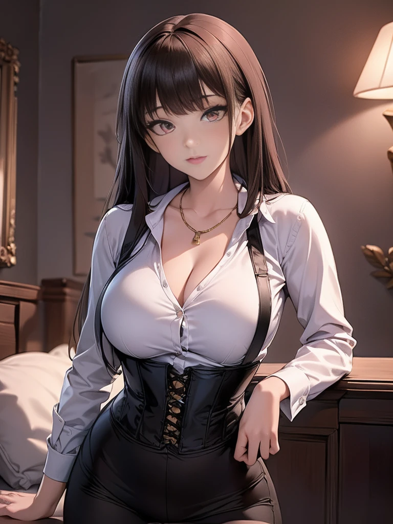 Professional full-length photo, Best Top Quality, super detailed, (Best quality, 8 K, a high resolution, 1 girl young seductive girl, high school student, long black hair, beautiful eyes, detailed eyes, Red eyes, necklace:1.6, captivating look, wear a white long-sleeved button-down shirt, belt、skin brown a corset chain, gold decoration、skin 濃いbrown, big breasts, shiny black skinny leggings, bedroom, stands near the wall, Dark, Moonlight, absurd, a high resolution, ultra-sharp, 8 K, masterpiece, foreground, I look at the viewer