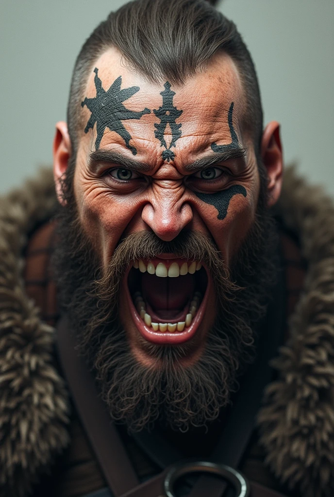   Realistic Viking warrior face screaming with teeth bared with a Norse tattoo around his eye and with his eyes open 