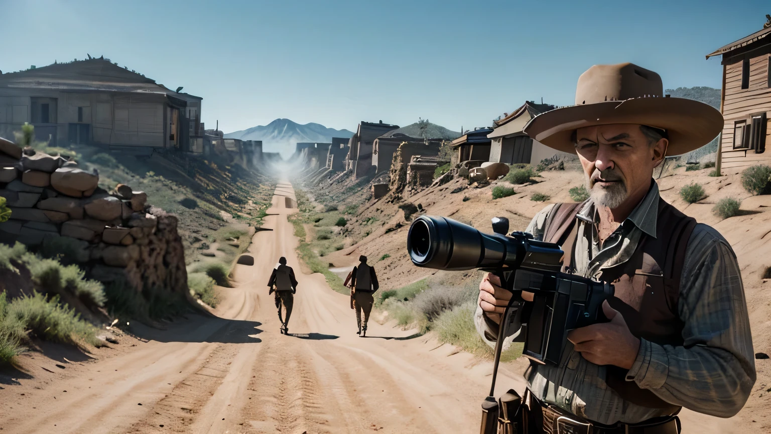 An image of the old west with several crazy outsiders, shooting everywhere.