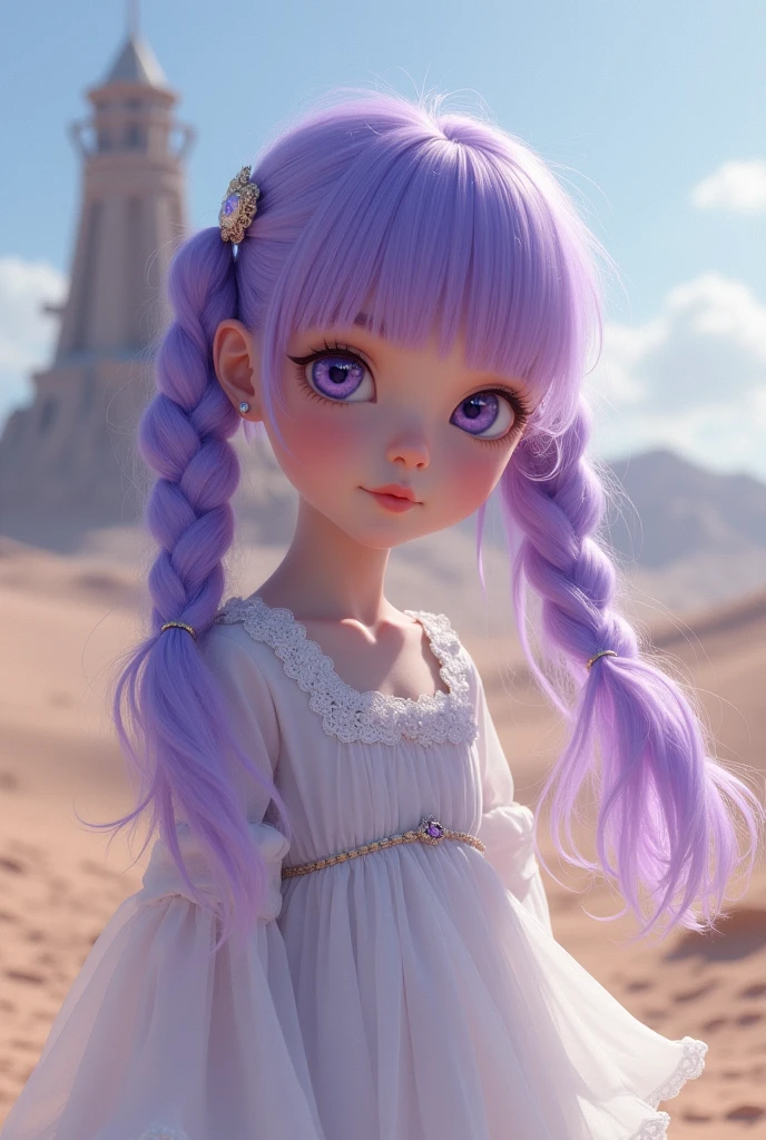 Girl with amethyst pigtails, white dress and purple eyes in front of a tower in the desert