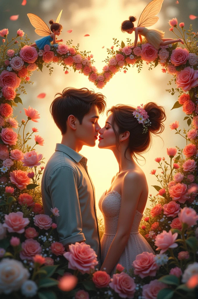 The name "manuel" and "ruthy" in a heart with lots of flowers and fairies around a kissing couple