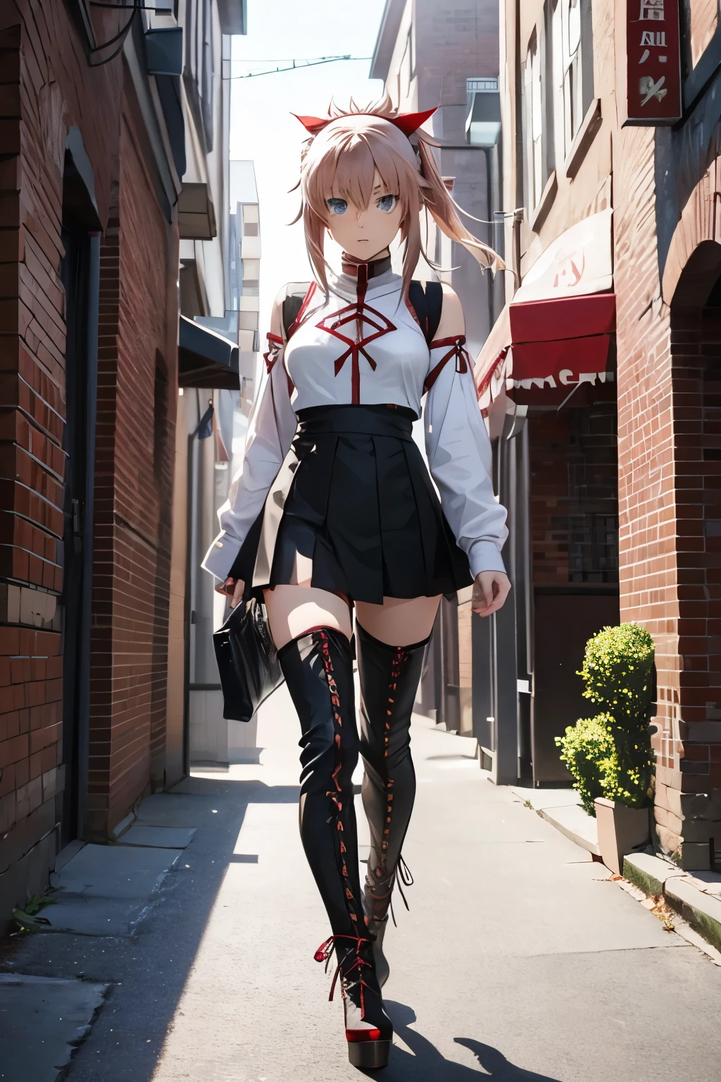 fate (series), anime girl, girl, mordred, casual clothes, thigh high boots, platform boots, high heels, lace up boots, walking