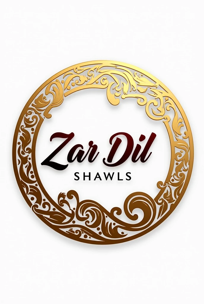 "Design a circular logo for 'Zar Dil Shawls' with a traditional paisley motif in rich gold, symbolizing luxury. Add the brand name in a stylish blend of calligraphy and modern serif fonts, with deep red accents for passion. Use black or dark gray for clear, elegant text. The logo should be minimalist yet detailed, with a metallic sheen on the gold elements and a transparent background for versatility. in urdu
