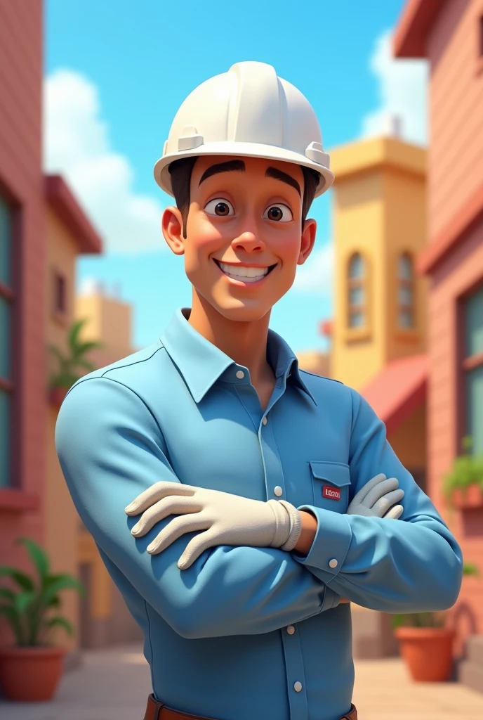 Full body engineer with light blue shirt and white helmet and gloves , welcoming with pixar theme