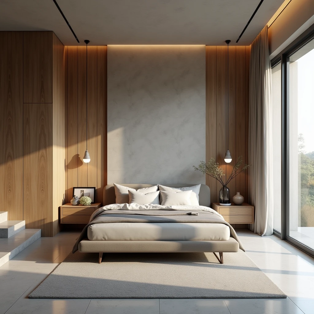 Make a stylish bedroom and wood colors,where you have a the bed,  floor grey ,ultra-realista , 8k