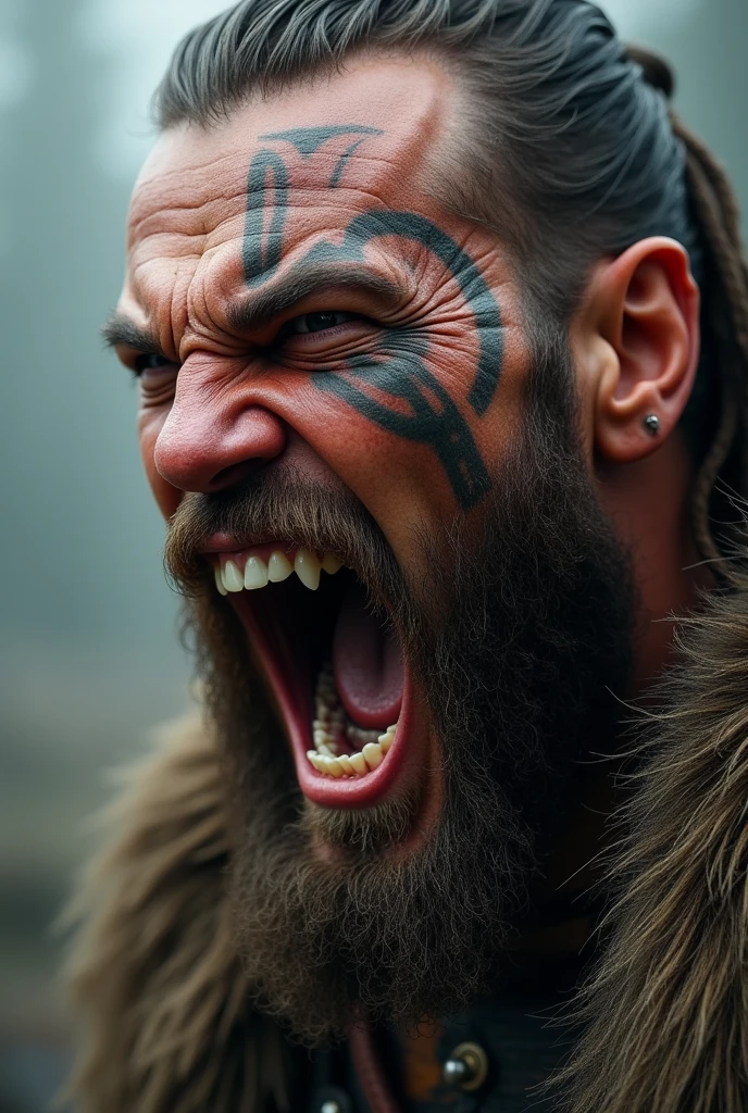 Realistic Viking warrior face screaming with teeth bared with a Norse tattoo around his eye and with his eyes open