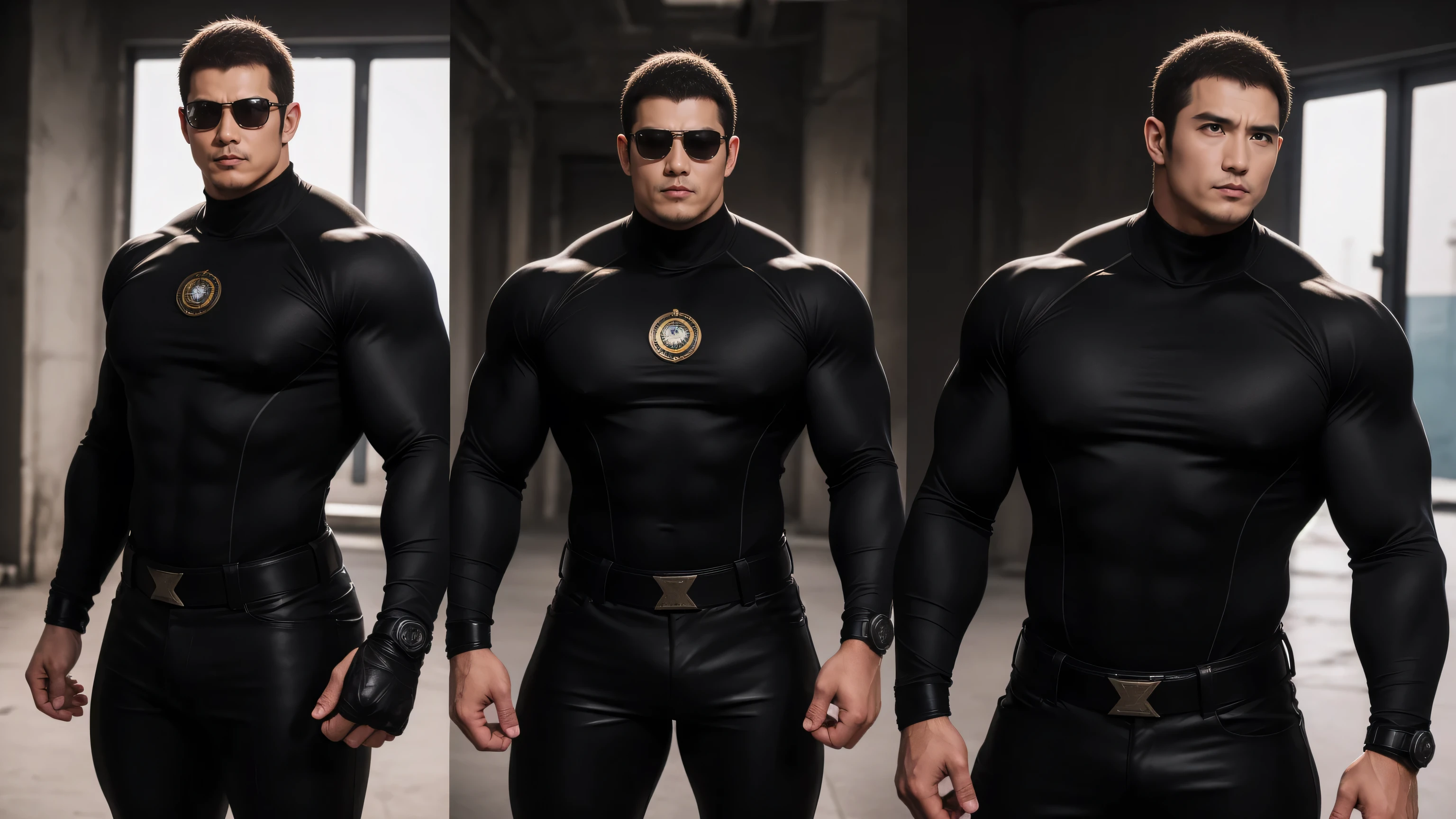 Super muscular man hugging,  sad eyes，wear sunglasses，they hug each other affectionately，shorth hair，On a vintage street outdoors under the warm sun, Wear long sleeves, Bodysuit with deep turtleneck, Thickened warm elastic texture，The clothes are dirty，There are mud stains，looks sad, thick-thighs, Messy hair, thick-thighs, High target-necked long-sleeved dark yellow high-necked tights, very cramped, Regular symmetrical pattern, High targetlight muscles, police uniform pants, character concept（Resident Evil - Chris Redfield, Chris Redfield）A proud expression, deep and charming eyes, Brave male pose, tall burly, muscular！muscular thighs, tough guy, perfect facial features, High target, burly, Heqiang, Super exquisite and cool, High target Resolution Committee, appealing, The sun is shining, dazzling