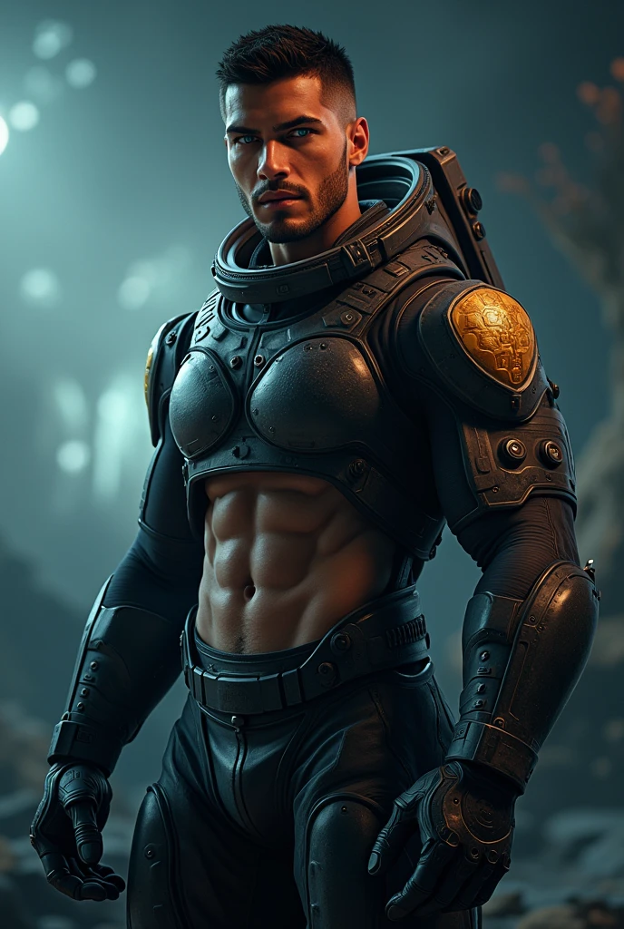 a muscular Brazilian man with beautiful detailed eyes, beautiful detailed big lips, extremely detailed face, blue eyes,chiseled abs, hairy chest, short black hair, wearing a space suit to , dramatic lighting, photorealistic, ultra-detailed, 8k, best quality, masterpiece