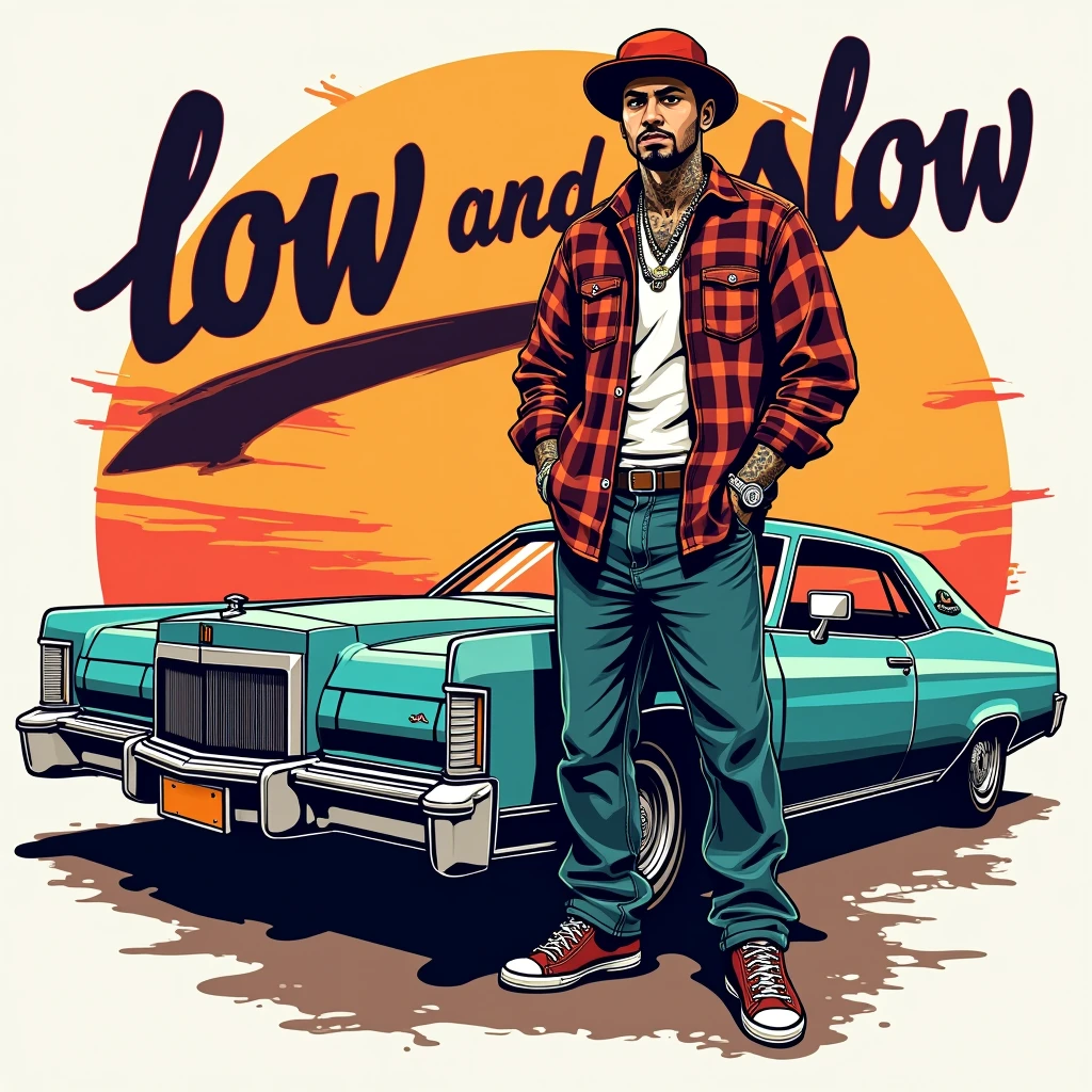 Design a logo for a t-shirt called "Low and Slow" vector style The text "Low and Slow" should be rendered in a stylized, cursive script with the words "Low" written in a larger, more prominent font, The logo should have low rider car 76 Lincoln Mark IV and a cartoon of a chicano gangster man with a penedleton shirt and baggie pants low rider style The overall aesthetic should be raw, edgy, and attention-grabbing, blending the worlds of street art and high-fashion. gangster style