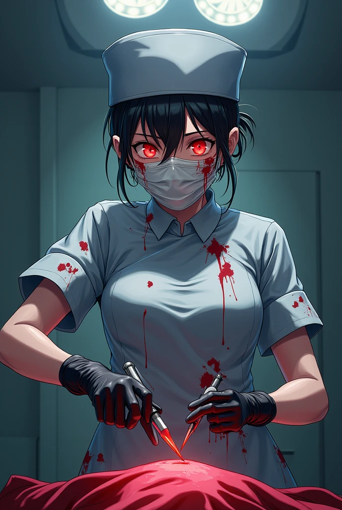 Anime Surgical nurse wearing a bouffant cap surgical mask a face shield and black latex gloves holding a scalpel all of her ppe is bloody her gloves and surgical mask are covered in blood splotches has red eyes
