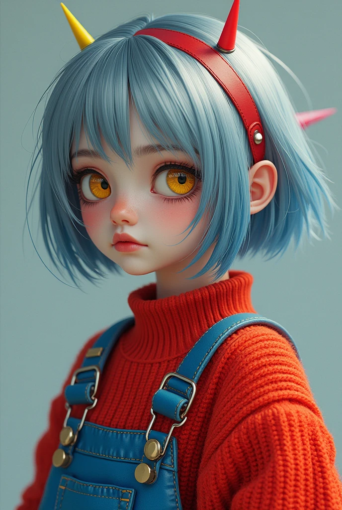 a with bluish gray hair and red and yellow dye, yellow eyes, and a red sweater on the top and blue on the bottom