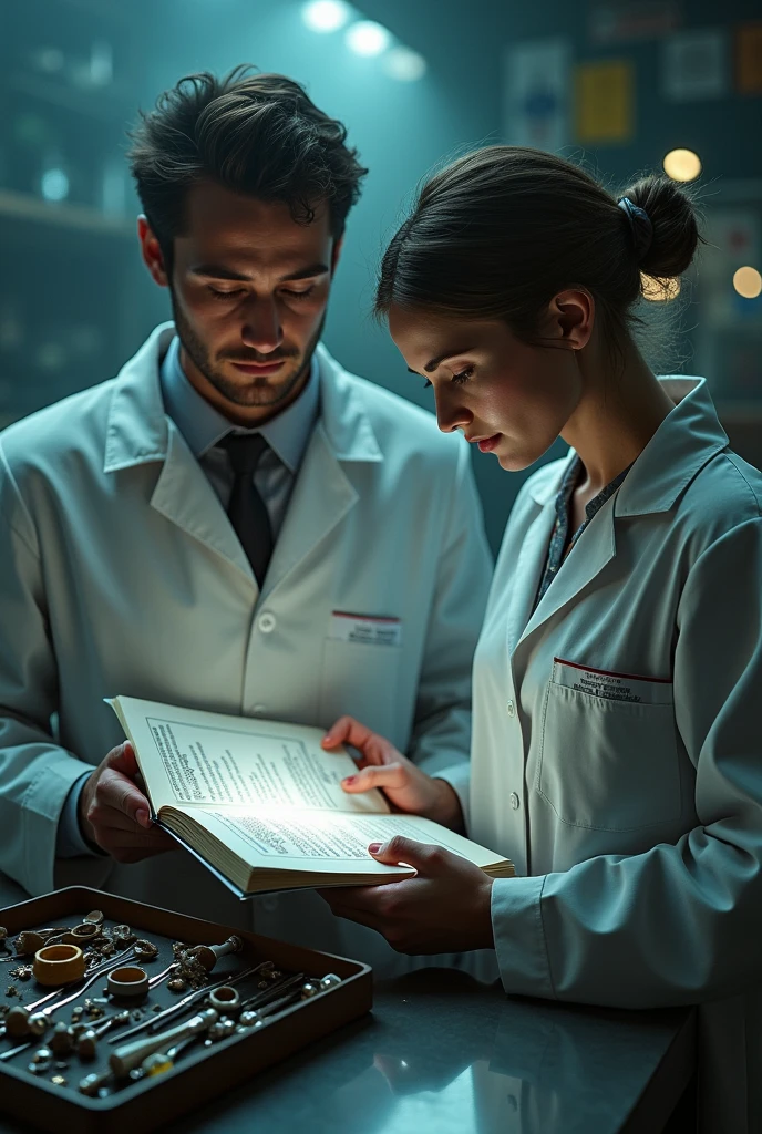 a man and a woman with a manual in their hands written "how to create a human being: 1st Lei of Mendel" and next to it a toolbox with tools representing different alleles