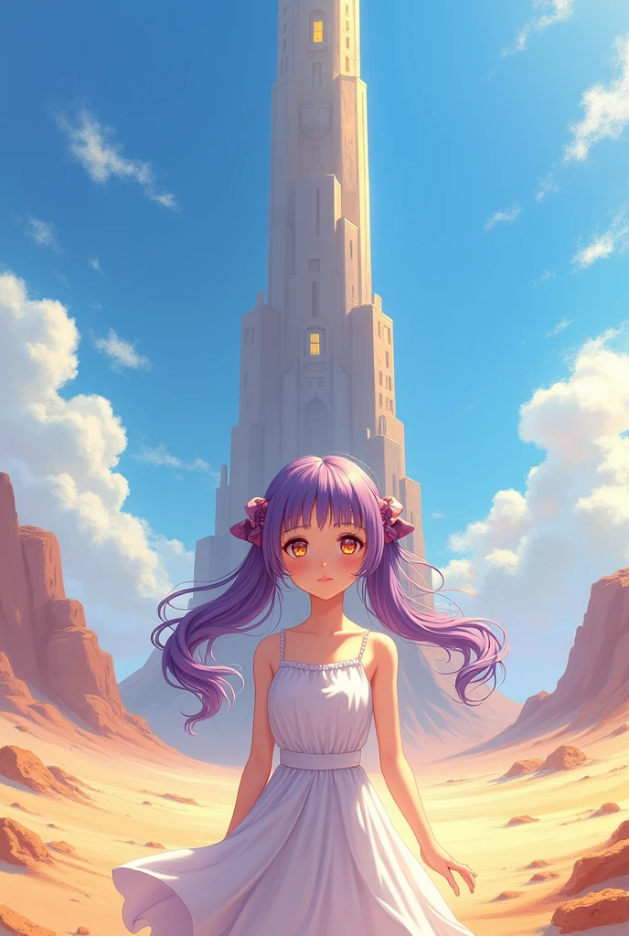Girl with amethyst pigtails, white dress and golden eyes in front of a tower in the desert anime