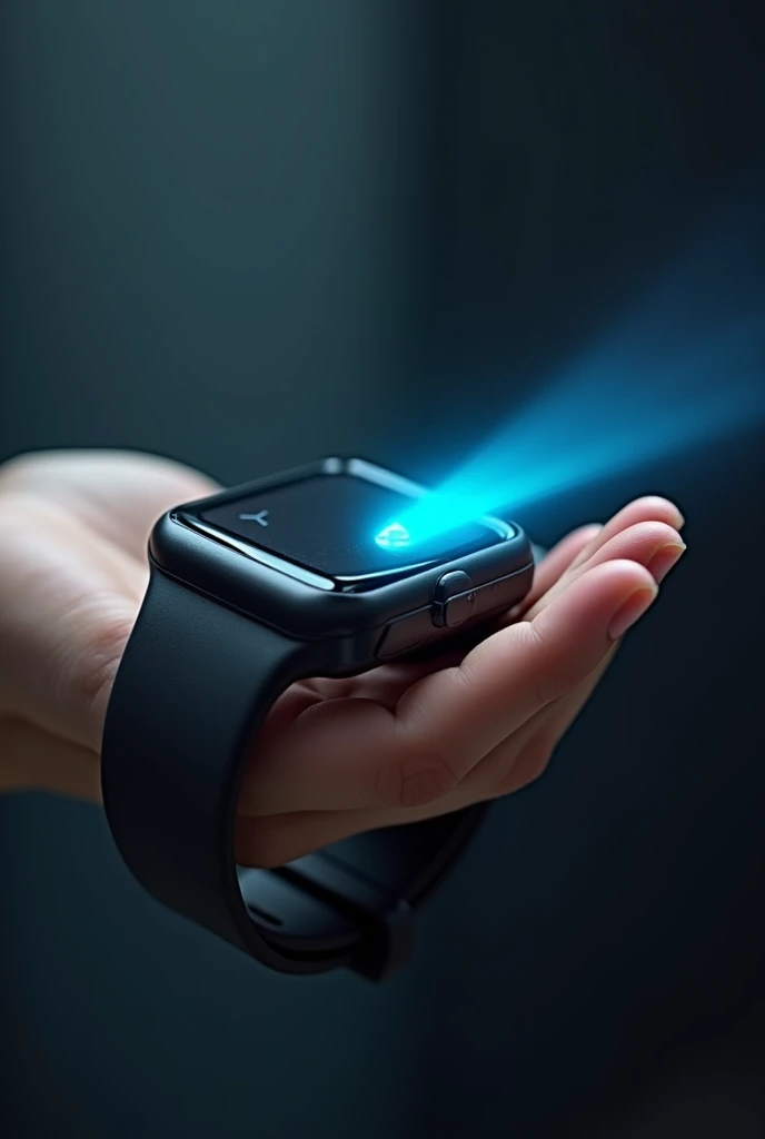 Black smart watch, that a scanner comes out of it that can be seen, and that scanner is blue and that watch is held by a person in his hand