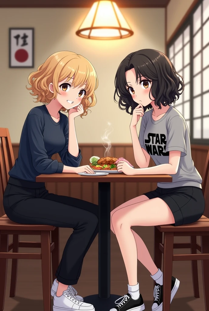 A girl with curly blond hair, white skin, light brown eyes, a small nose, smiling, wearing a dark blue blouse and black elastic pants with white sneakers, next to a girl wearing a gray Star Wars shirt and black Lacoste shorts, with black curly hair, black eyes, white socks and black and white details on the sneakers, both , eating Japanese food in a restaurant, sitting elegantly.