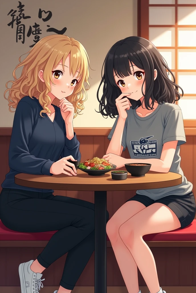 A girl with curly blond hair, white skin, light brown eyes, a small nose, smiling, wearing a dark blue blouse and black elastic pants with white sneakers, next to a girl wearing a gray Star Wars shirt and black Lacoste shorts, with black curly hair, black eyes, white socks and black and white details on the sneakers, both , eating Japanese food in a restaurant, sitting elegantly.