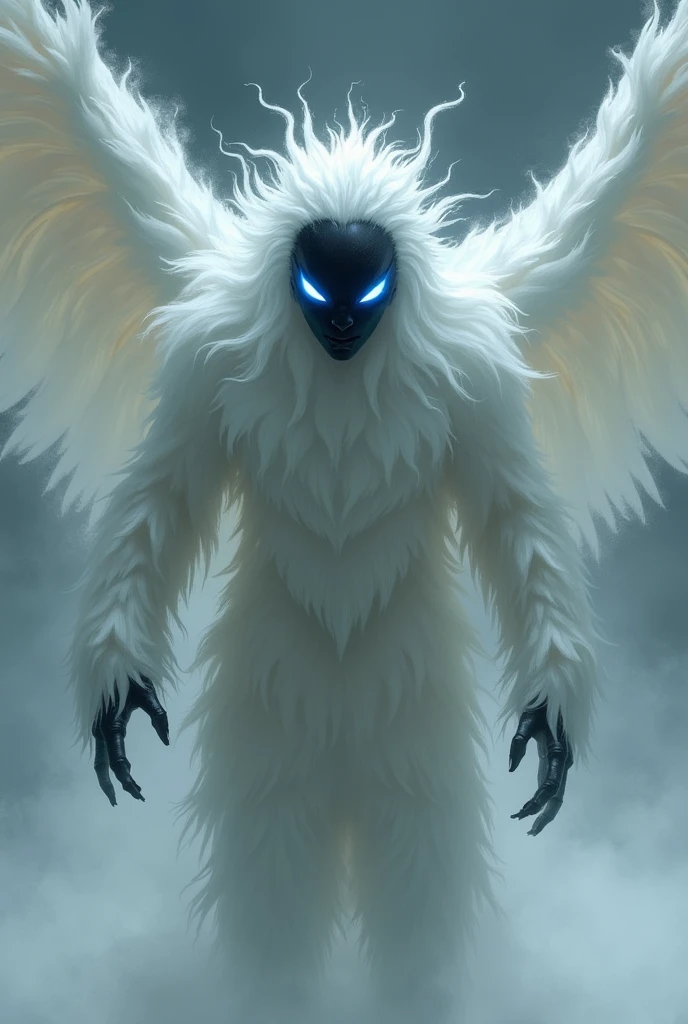 futuristic ghost like creature, pitch black undetailed face,blue slit eyes, no mouth, white furr and wings, full body picture