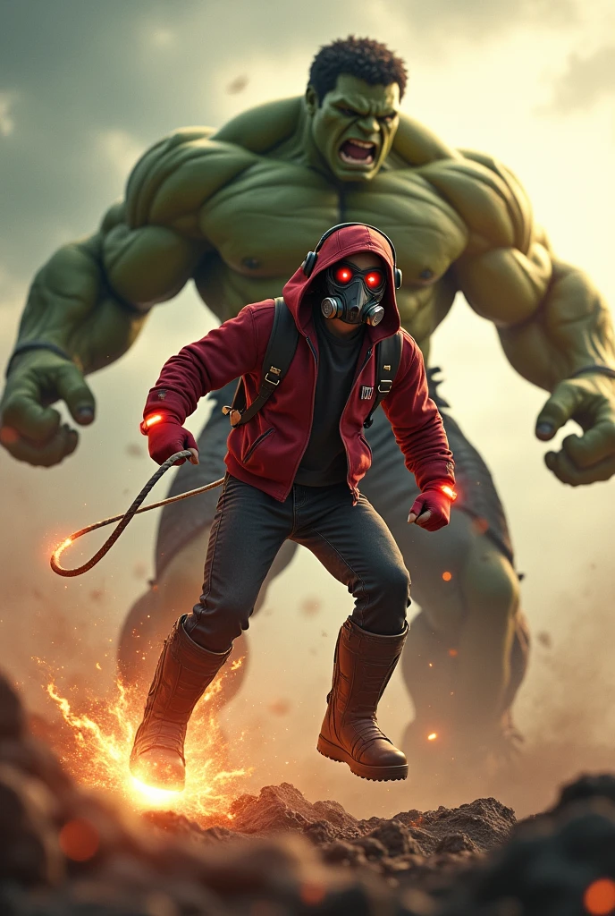 Young Star-lord with red hoodie, headphones, star-lord helmet, gas helmet, covered mouth, round red eyes, Red eyes, magic rings in the hands and rocket boots, Vs. Hulk , Fighting, power, fiction, full body, 2 person, magic lasso, flying in the sky, hight, fall, fire in boots, poweful spells, fighting, realistic, helmet, mask, red cape