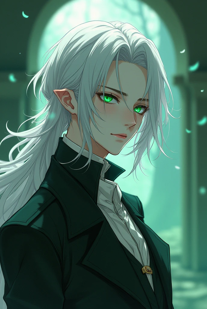 Anime Style, Male, White Skin, Green Emerald Eyes, Semi-closed Eyes, Long White Hair, Elegant Clothes, Serious Expression, Ambigous Sex